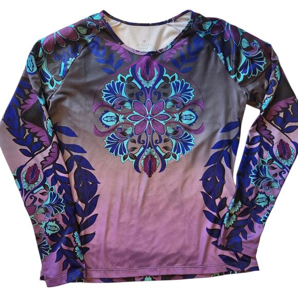 Athleta Runaway Top Floral Moisture Wicking LS Shirt Blue & Purple Leaves sz L - Picture 6 of 8